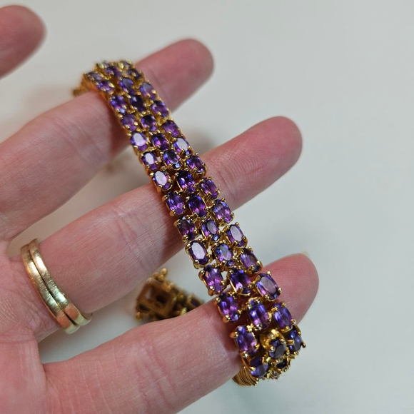 Amethsts three row Tennis Bracelet Gold Plated Over Sterling Silver - Picture 5 of 5